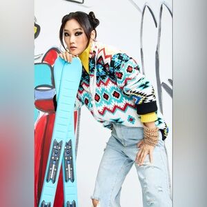 NWT $495 Alice + Olivia Jenn Fair Isle Shawl-Collar Cardigan Sweater